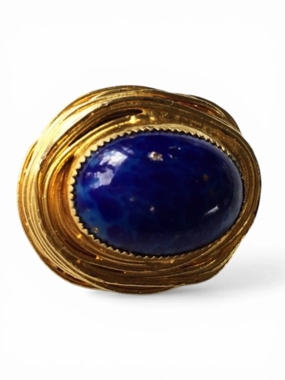 Vintage Brutalist Gold‑Tone Brooch - Blue Agate Cabochon & Gold Flecks - Picture 4 of 13